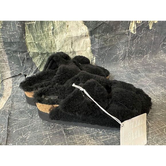New Birkenstock Papillio Arizona Teddy Shearling Fur Platform Sandals Black EU37 - Picture 7 of 9